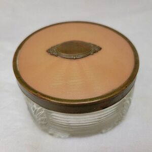 Powder Jar glass w/lid Art Deco MCM brass bronze antique raised vintage EUC